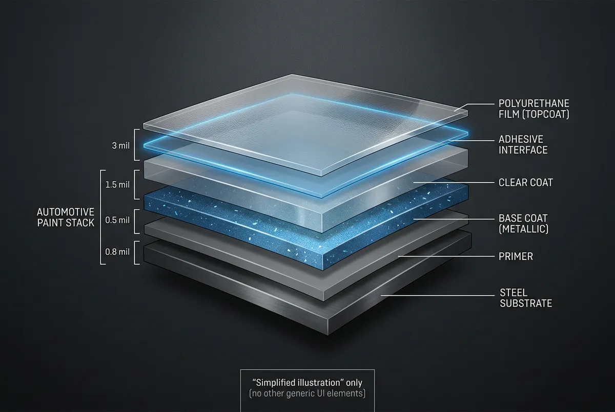 Technical diagram demonstrating multi-layer paint protection film cross section absorbing road rock impacts