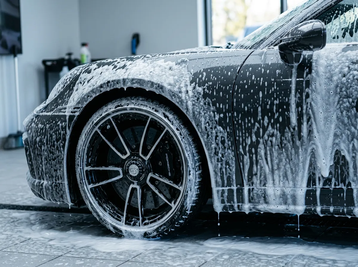 Active snow foam pre-wash covering high-end vehicle paintwork and rims