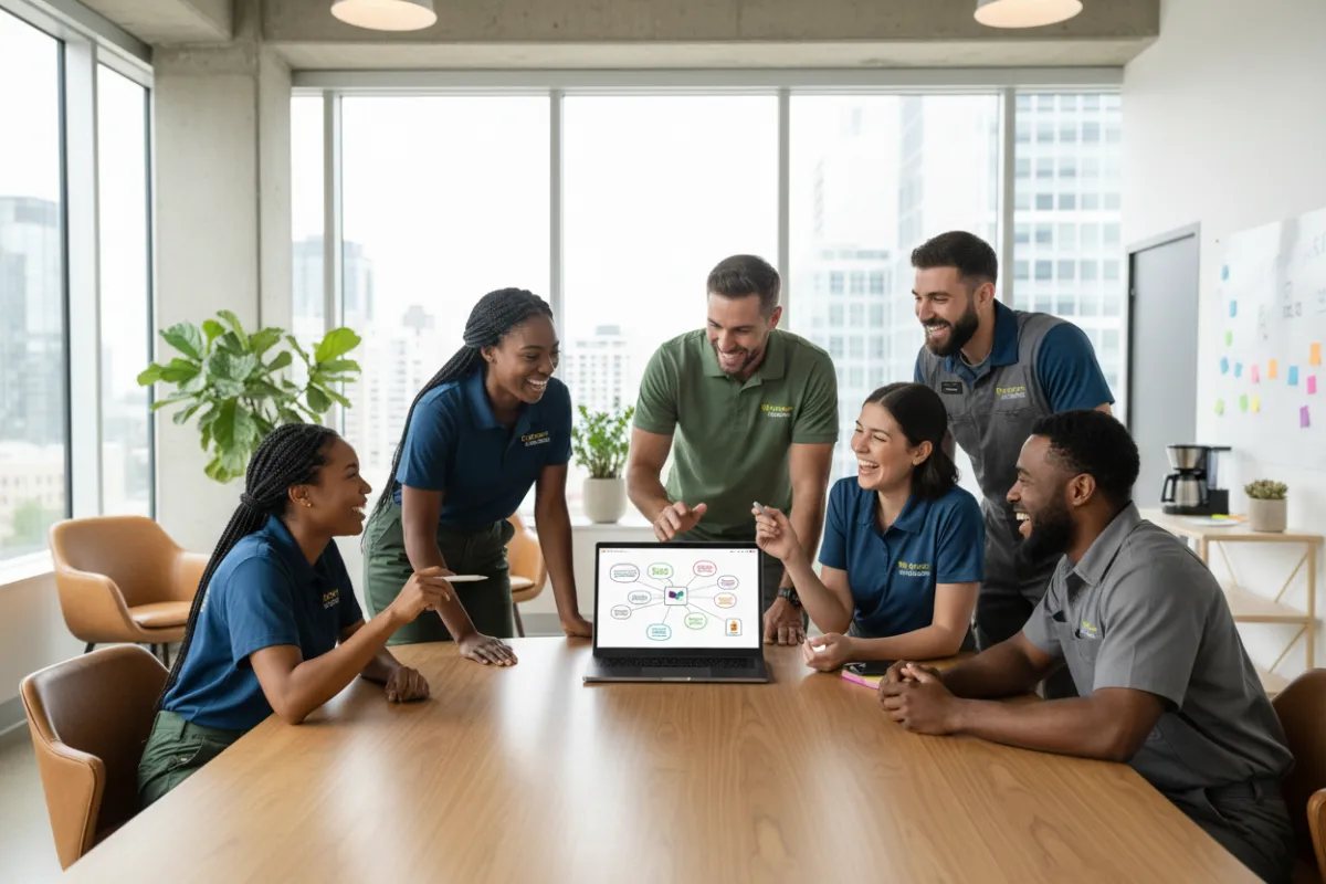 A cheerful team of diverse home service professionals collaborating around a laptop, brainstorming content ideas in a bright, open office. The 3:2 image is dynamic, energetic, and modern.