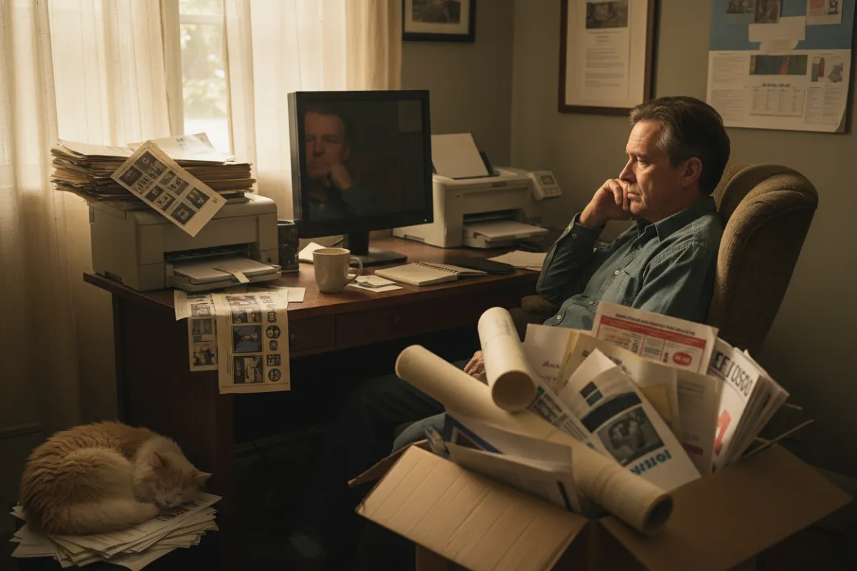 A frustrated small business owner surrounded by outdated marketing materials, looking at a blank computer screen in a cozy home office. The 3:2 image is softly lit, realistic, and relatable.