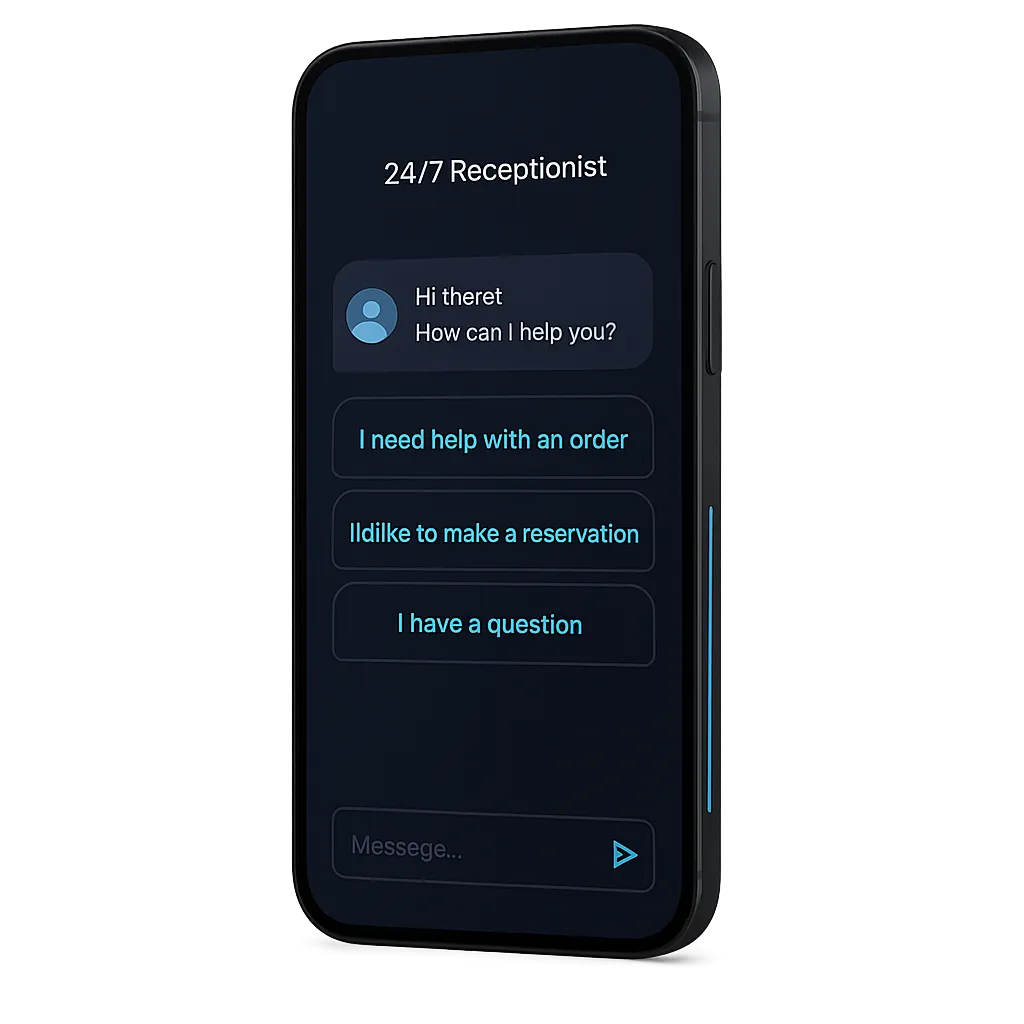 Mobile interface showing a 24/7 receptionist chatbot