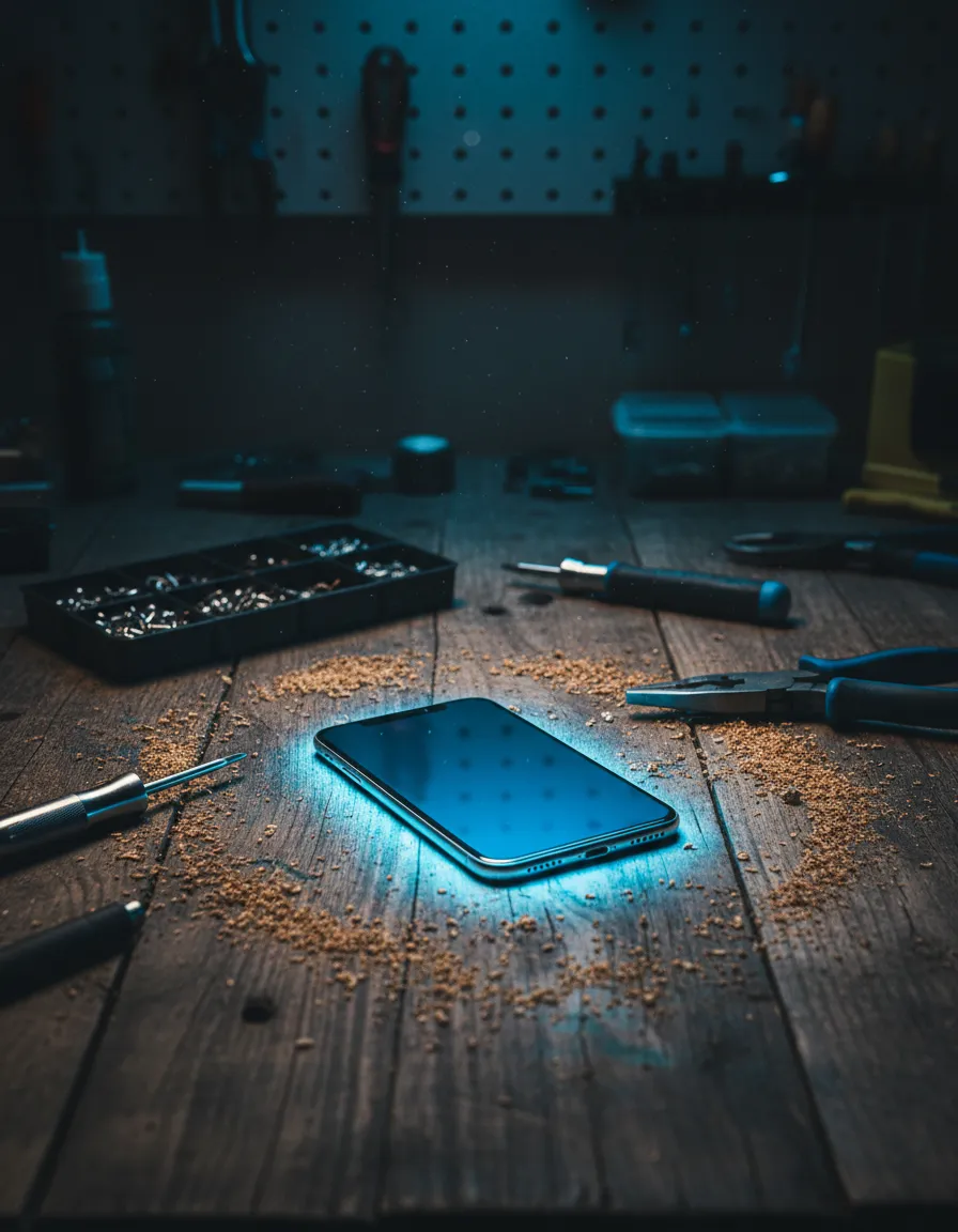 A ringing smartphone abandoned on a dusty workbench covered in tools and sawdust