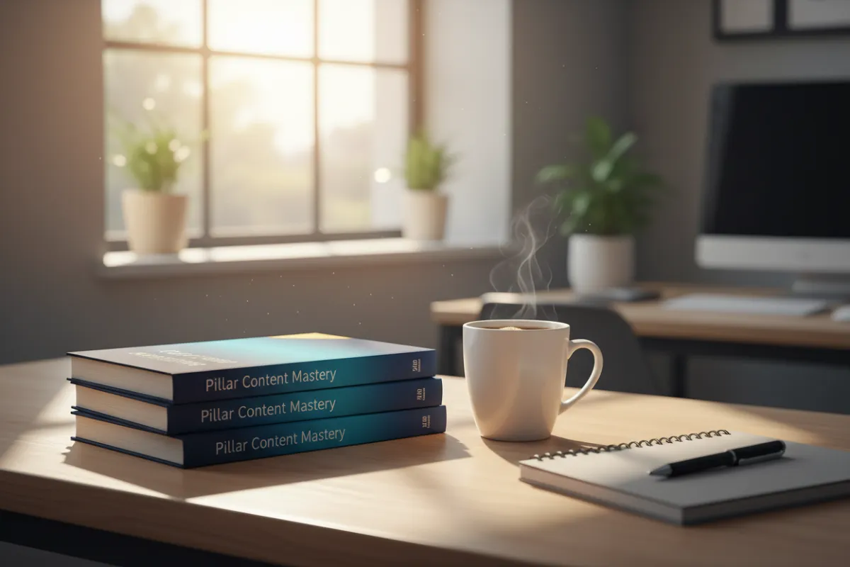 A stack of well-designed eBooks titled 'Pillar Content Mastery' on a modern desk, with a cup of coffee and a notepad, in a sunlit workspace. The 3:2 image is crisp and inviting.