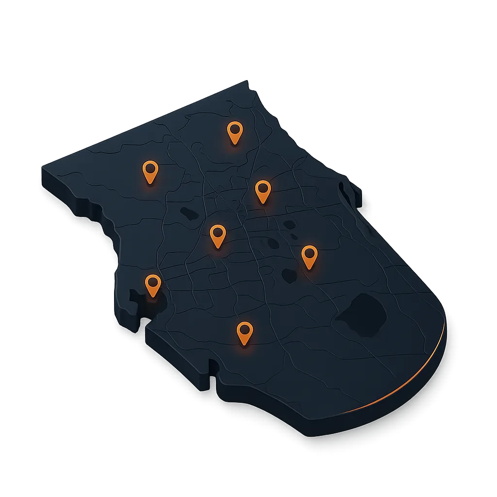 Stylized map showing HGD Sliding Door Repair service areas in Central Florida
