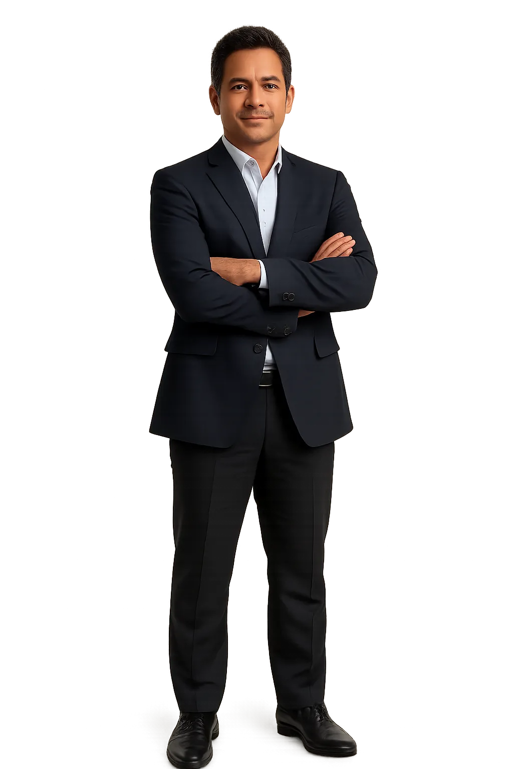 Portrait of a senior executive standing confidently with arms crossed.