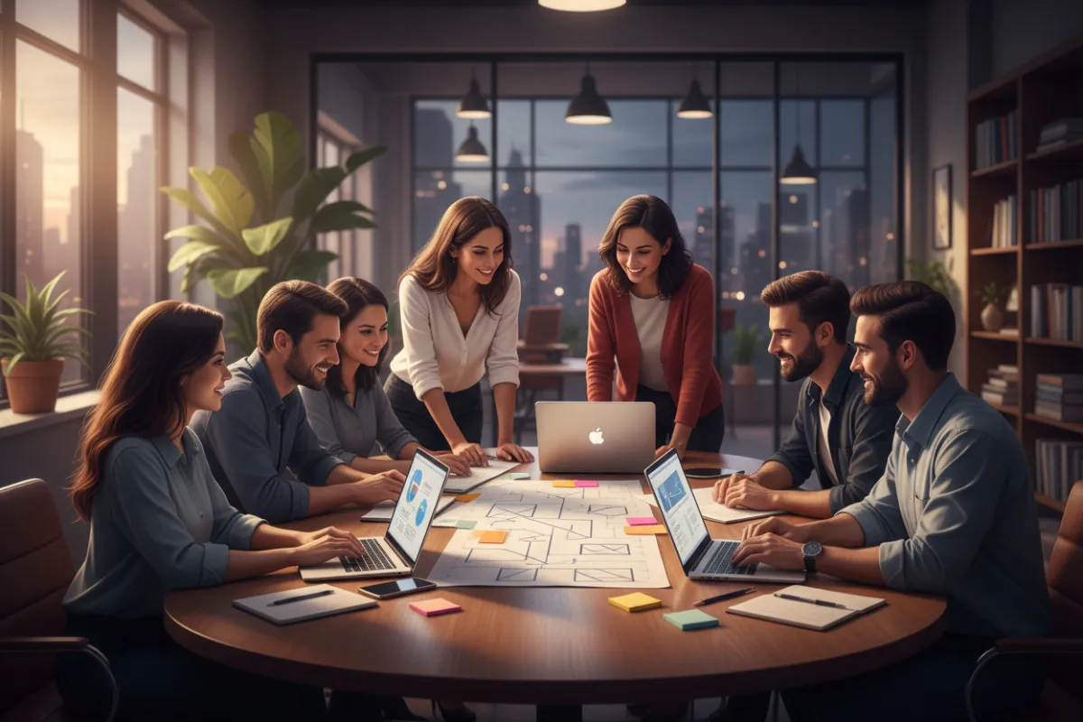 Collaborative workshop session with diverse professionals around a table, focused on learning and engagement.