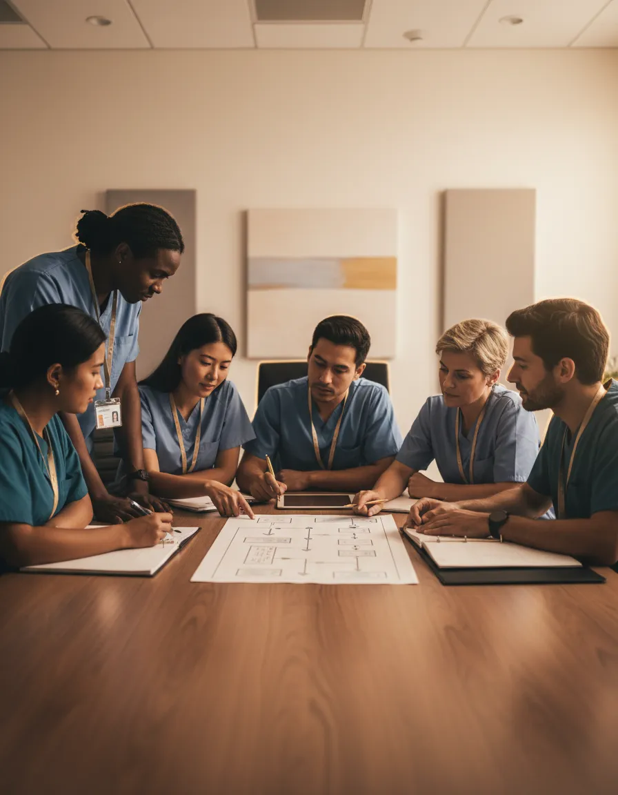 Caregivers and management reviewing organizational protocols in a healthcare setting