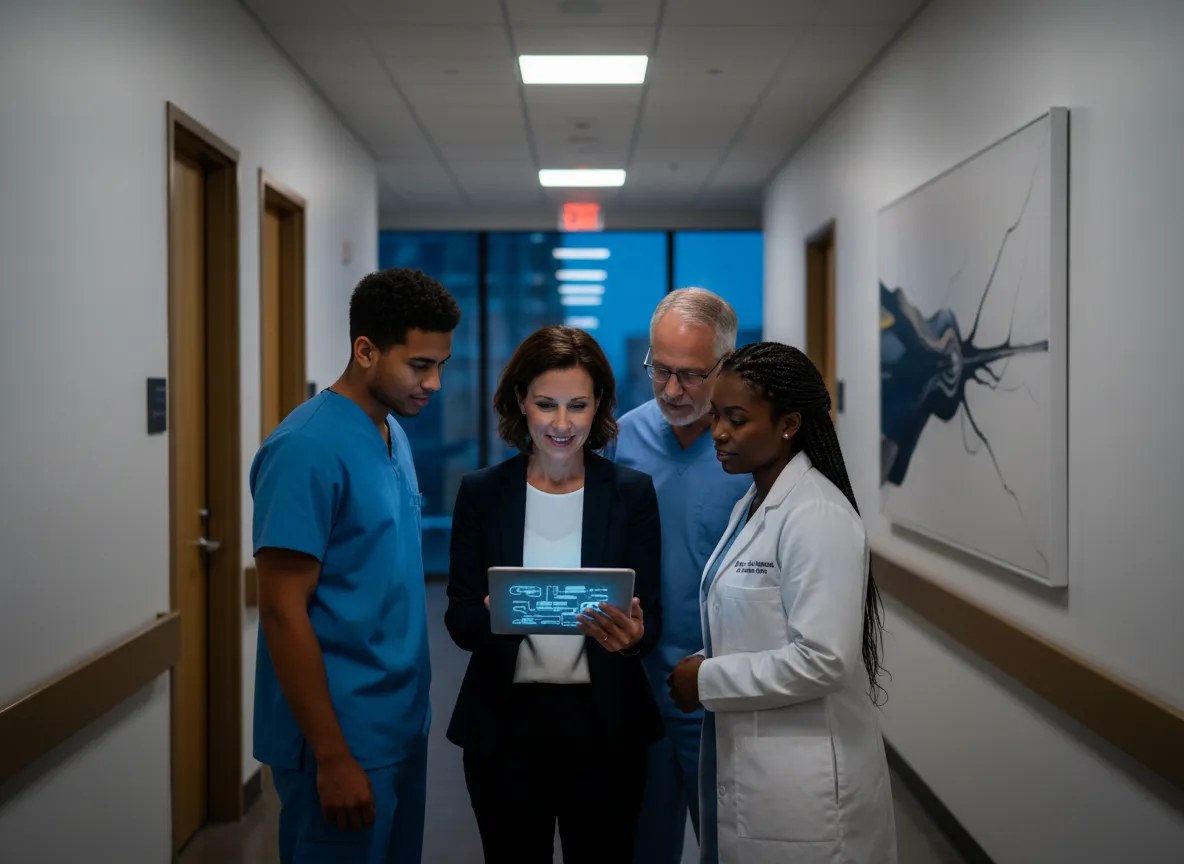 Clinical team using a shared tablet for training