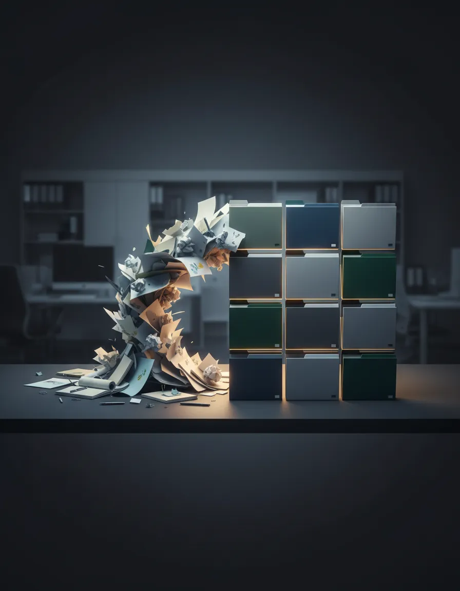 Conceptual image of scattered documents transitioning into a structured grid