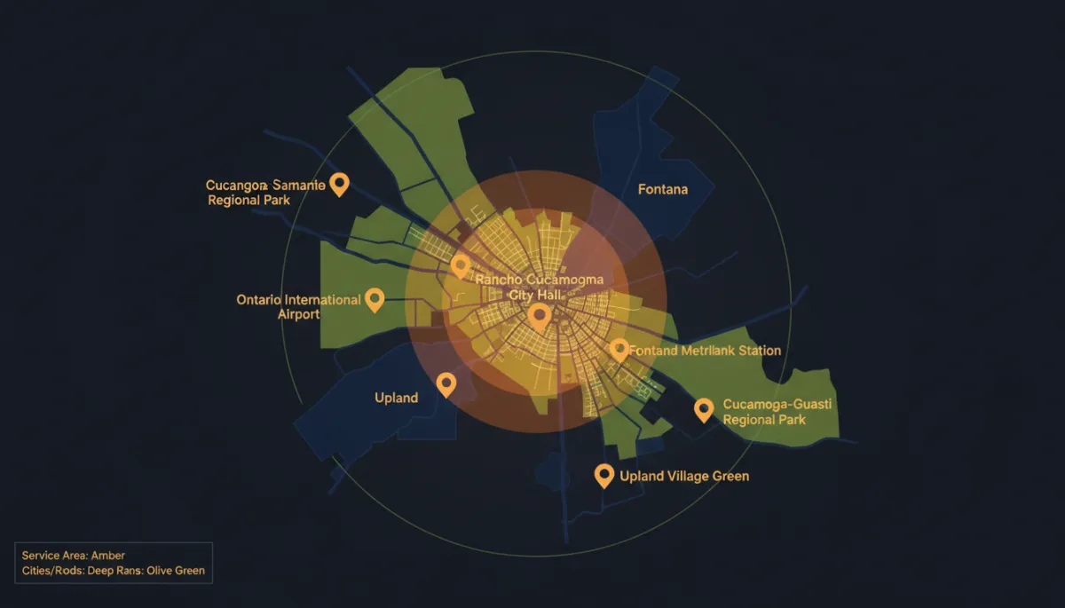 Service area map for Rancho Cucamonga and surrounding Inland Empire cities