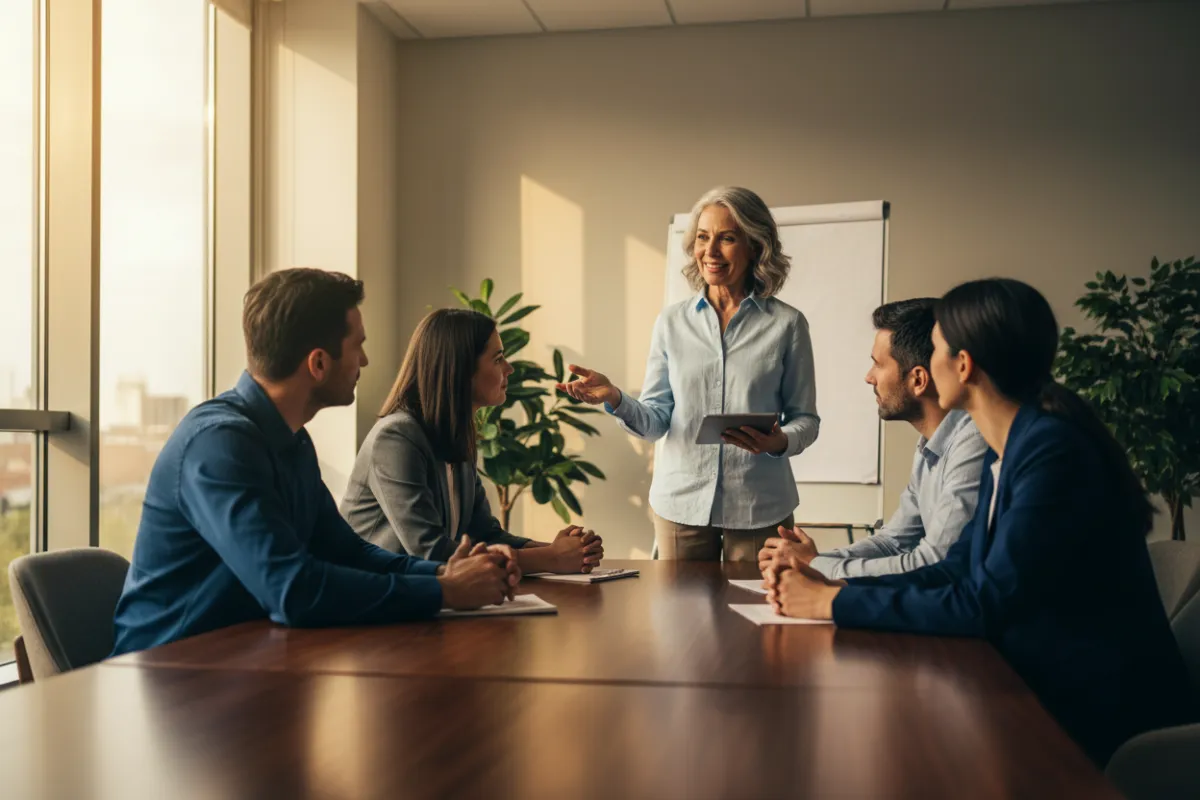 Senior coach facilitating a small executive workshop in a bright modern room.