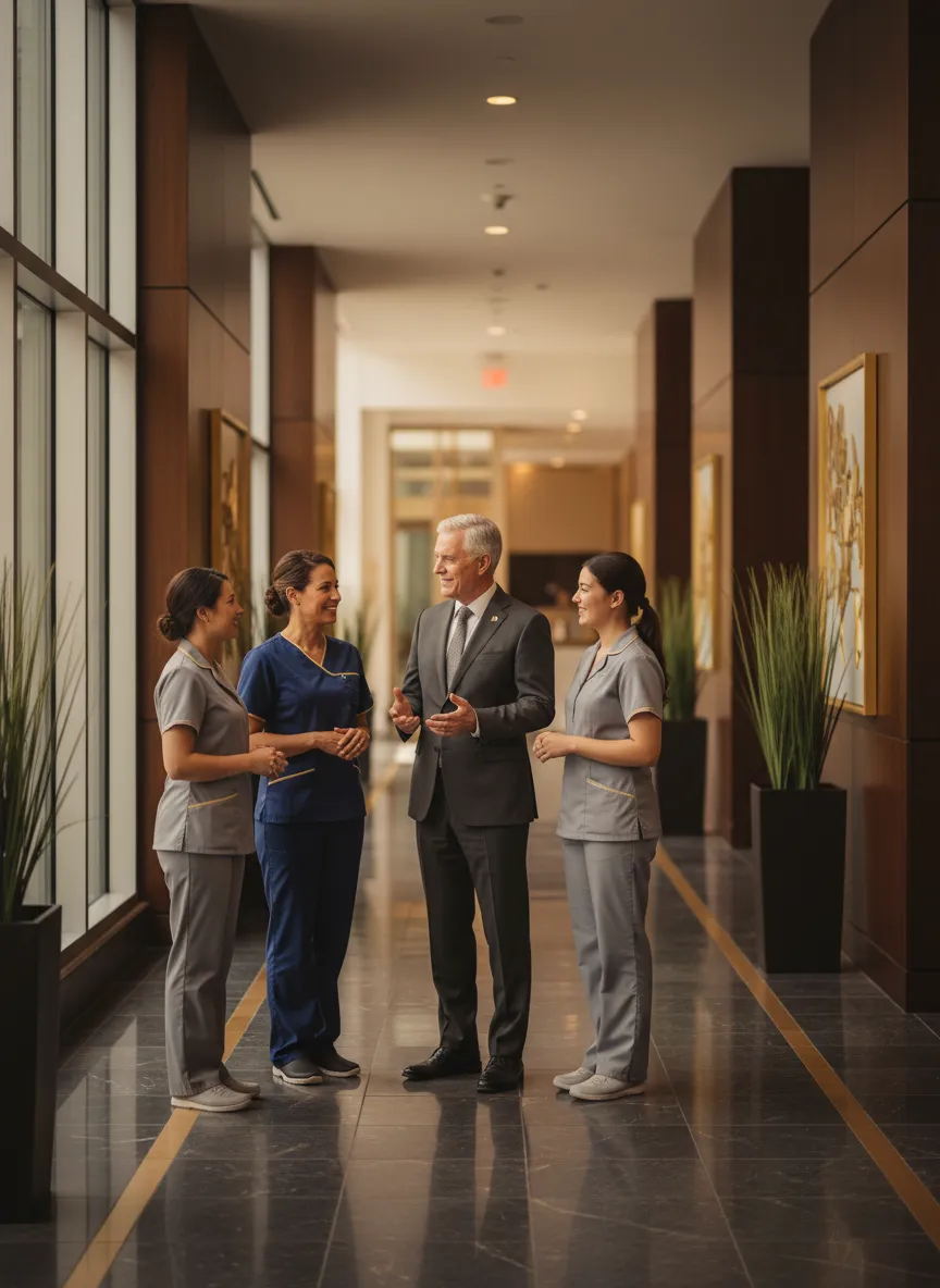 Diverse healthcare professionals collaborating in a modern medical setting