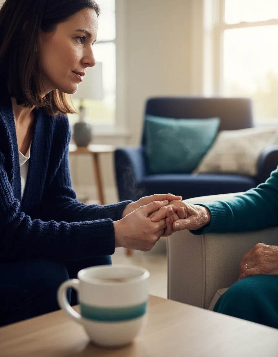 A stressed but loving adult child caring for an aging parent