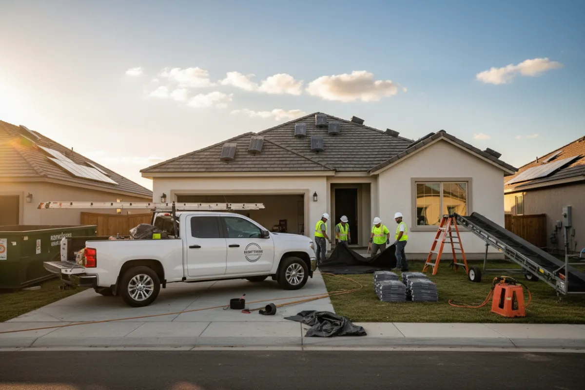 Rooftops Unlimited truck at a residential roofing job site