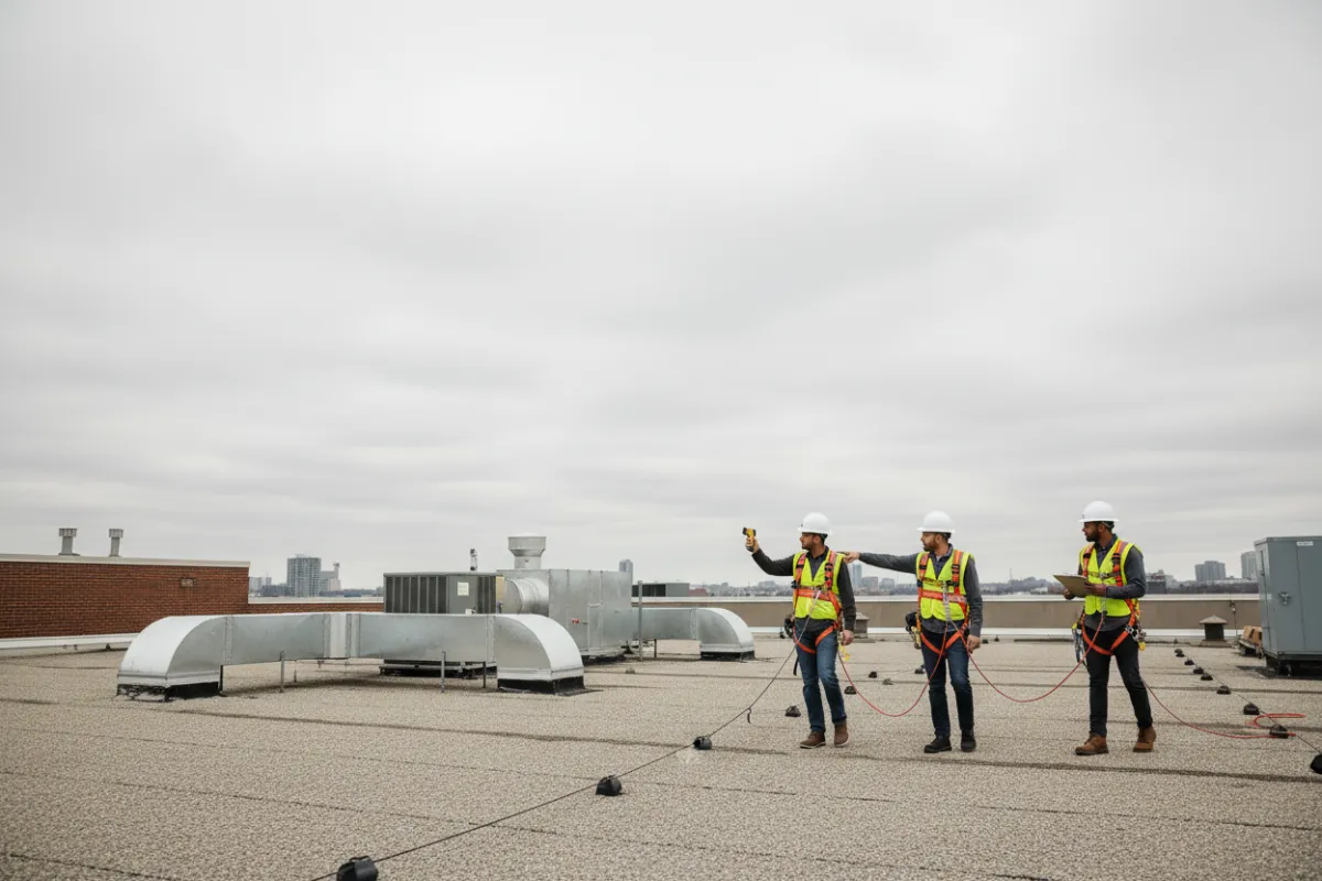 Commercial flat roof team performing inspection