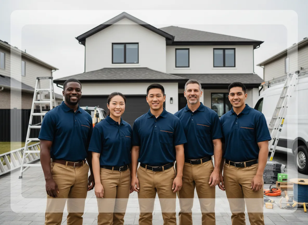 Rooftops Unlimited roofing team standing together on a driveway