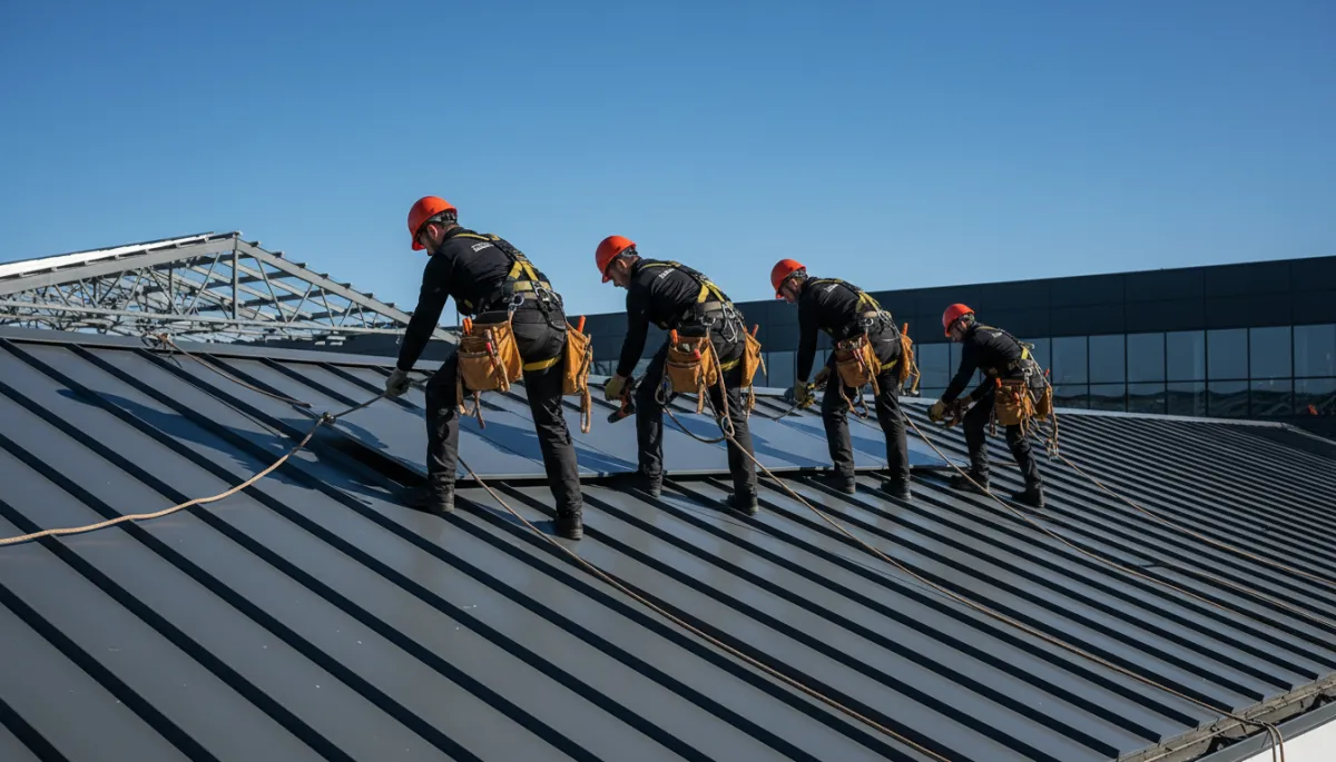 Crew installing metal roofing with equipment