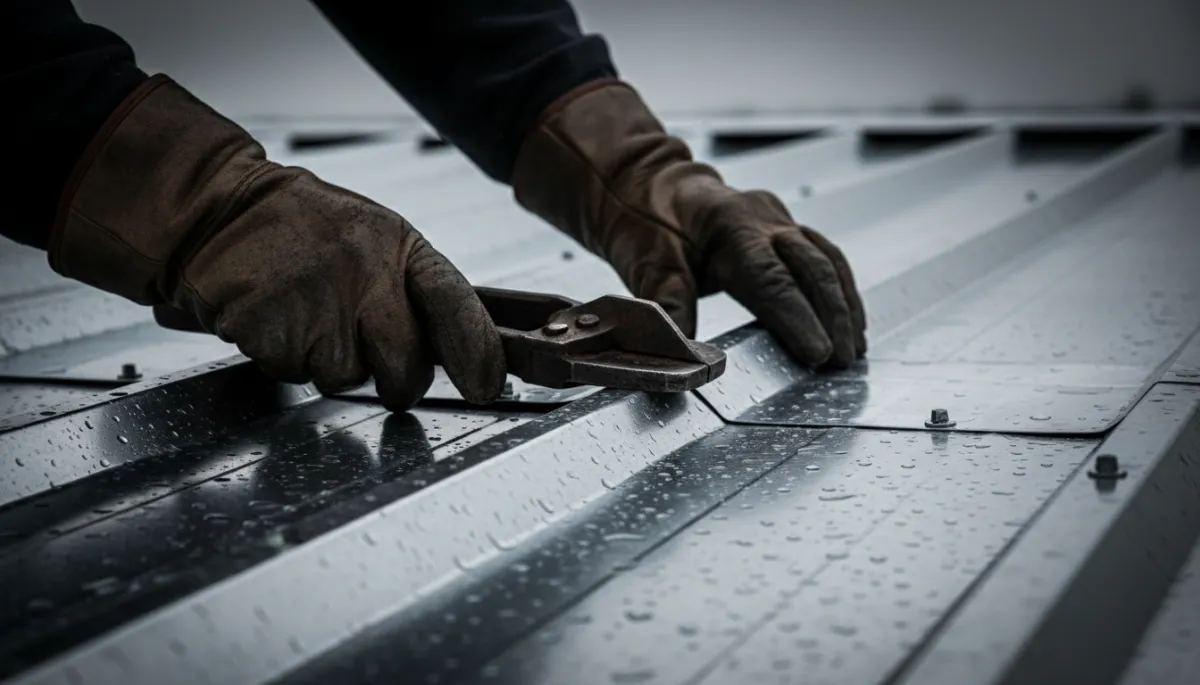 Close-up of metal roof repair work