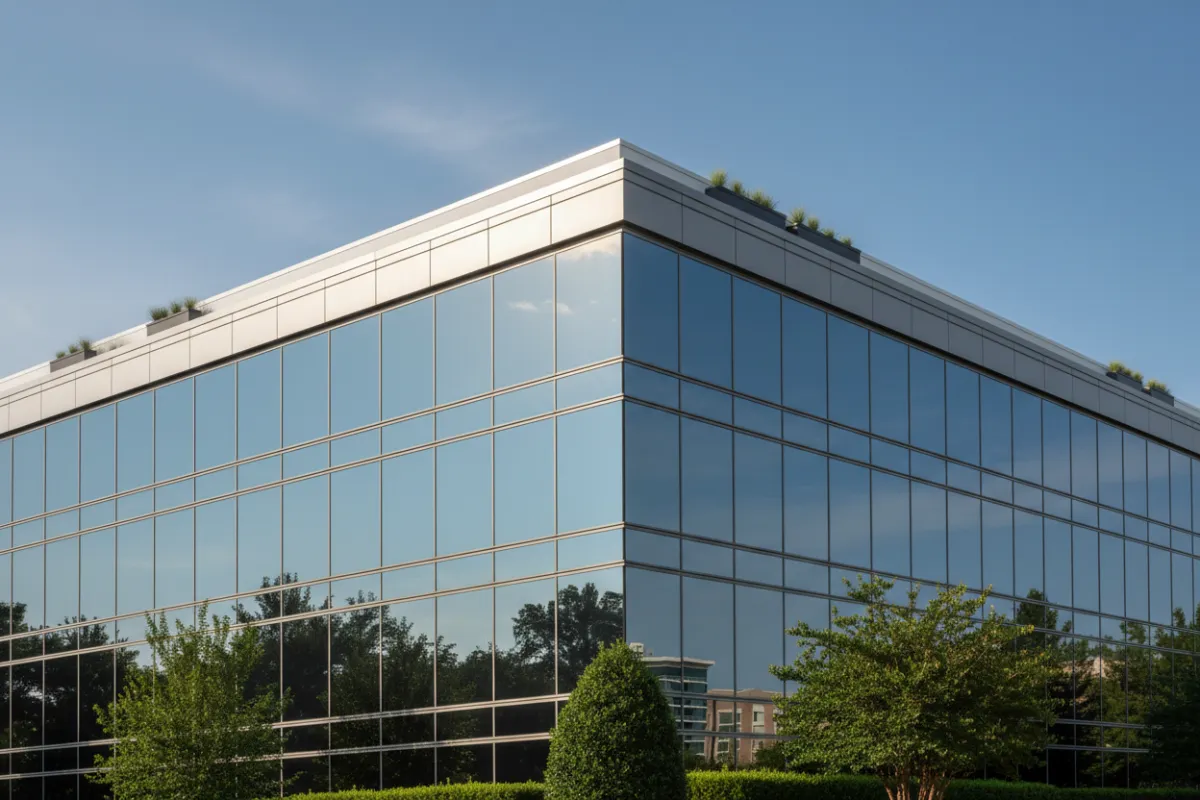 Modern commercial office building with new roof
