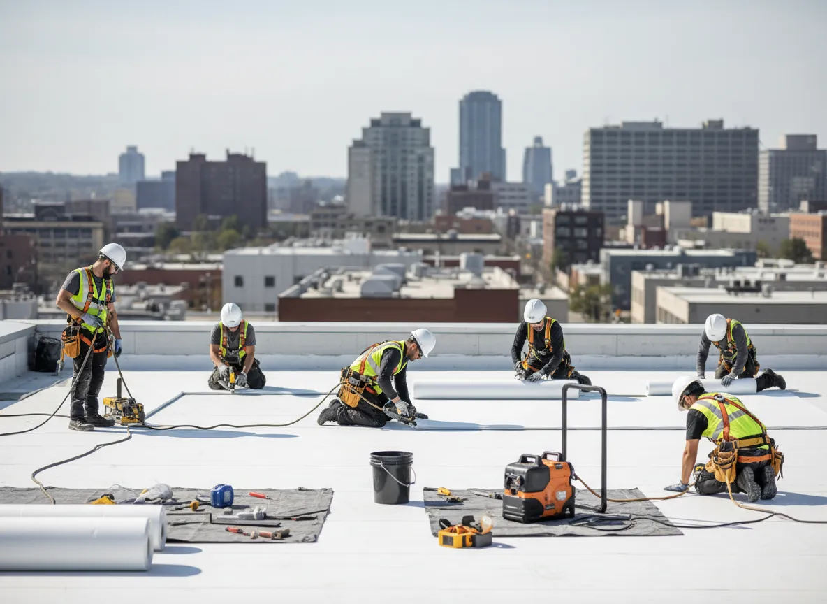 Roofing crew working on commercial flat roof