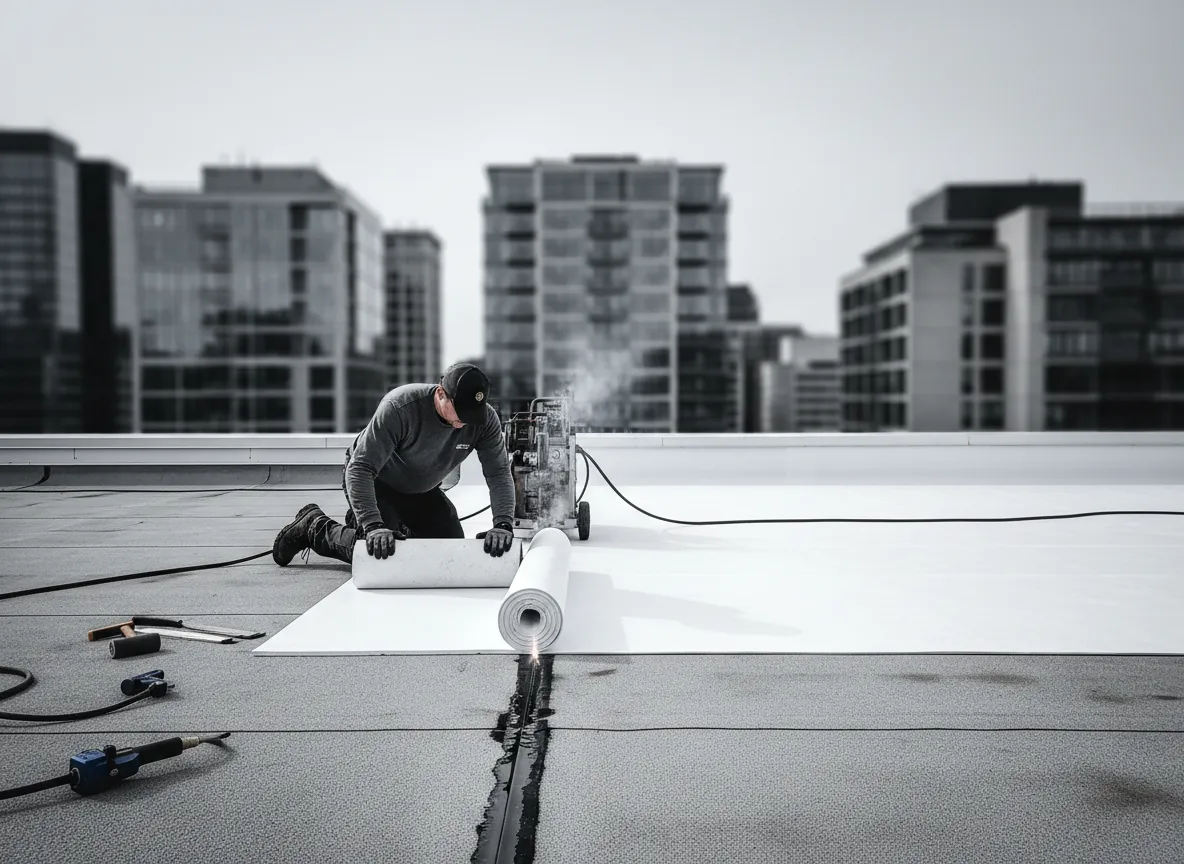 TPO membrane being installed on commercial flat roof