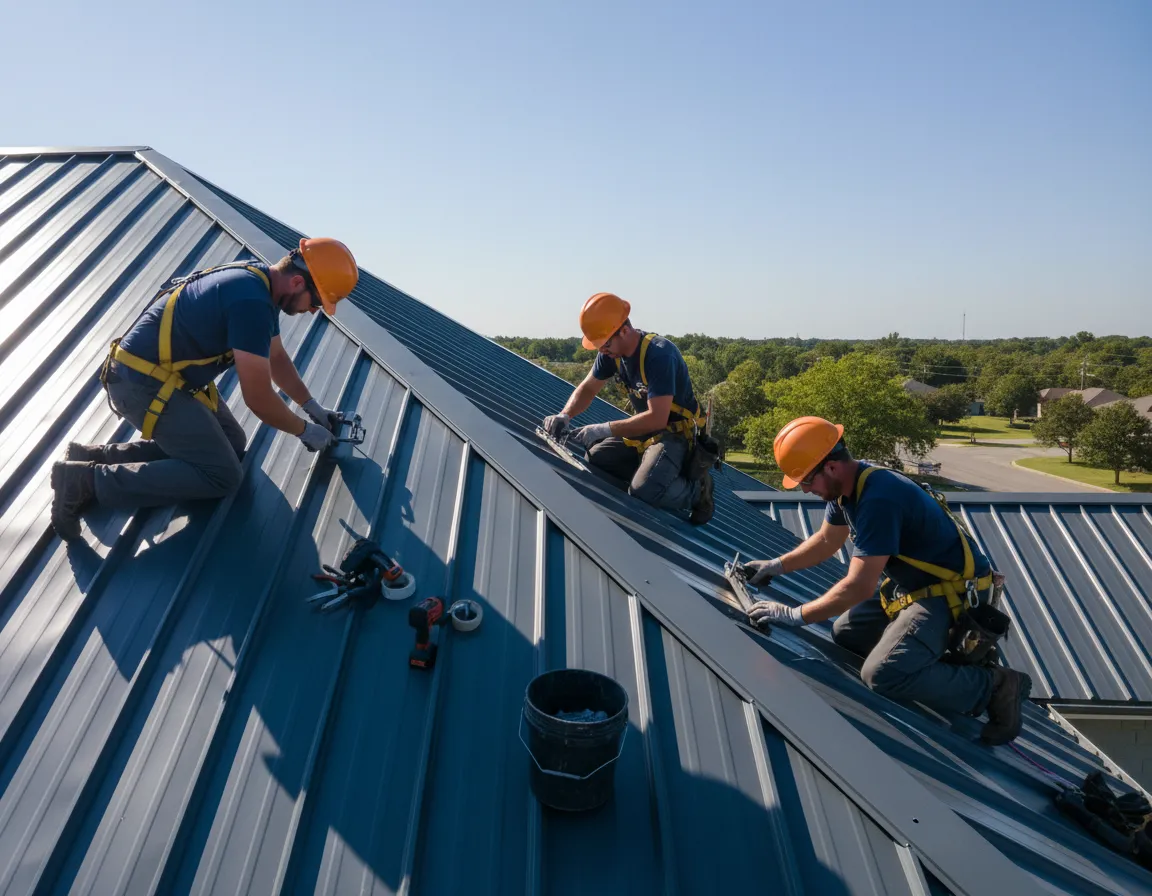 Metal roofing installation in progress