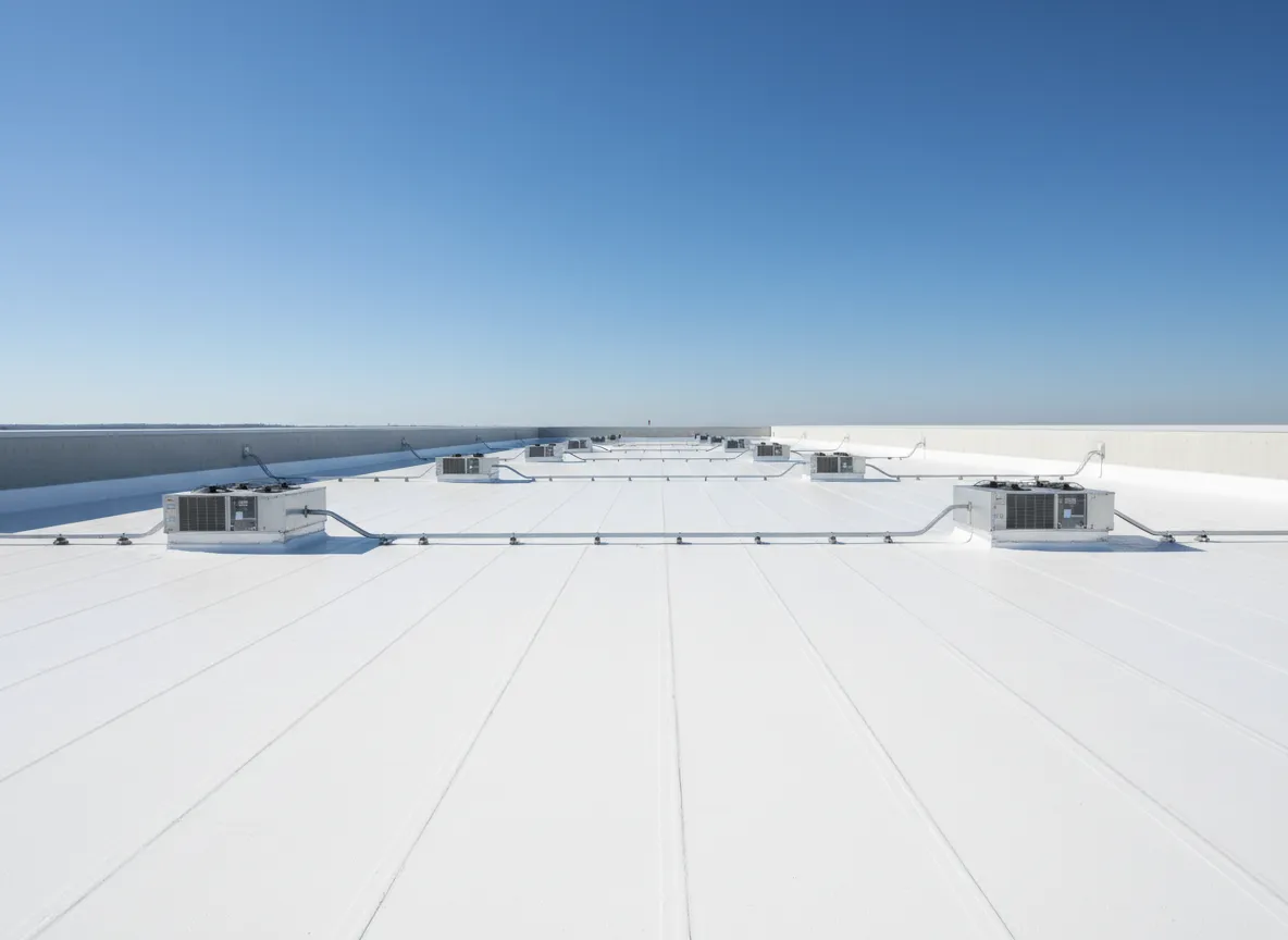 Commercial flat roof with white TPO membrane