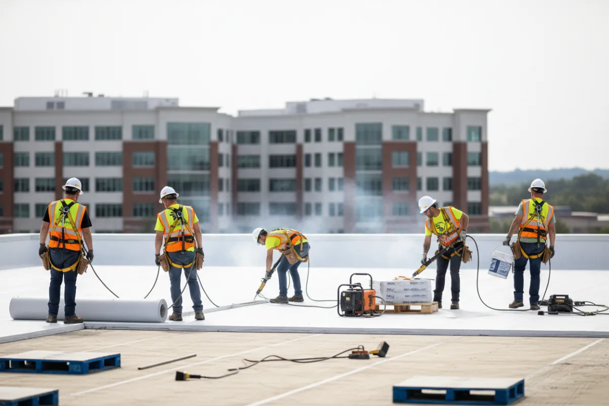 Roofing crew working on commercial building repairs