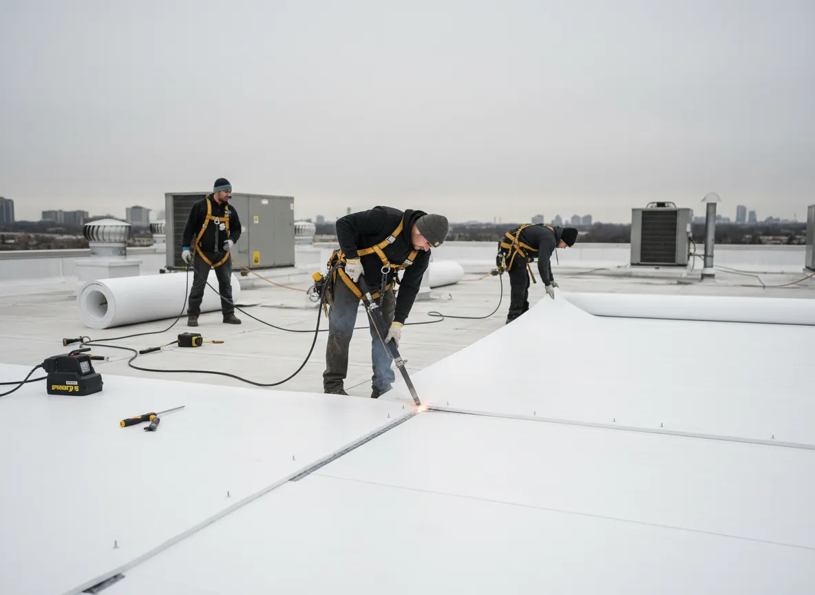 Crew installing TPO membrane with welding equipment on commercial roof