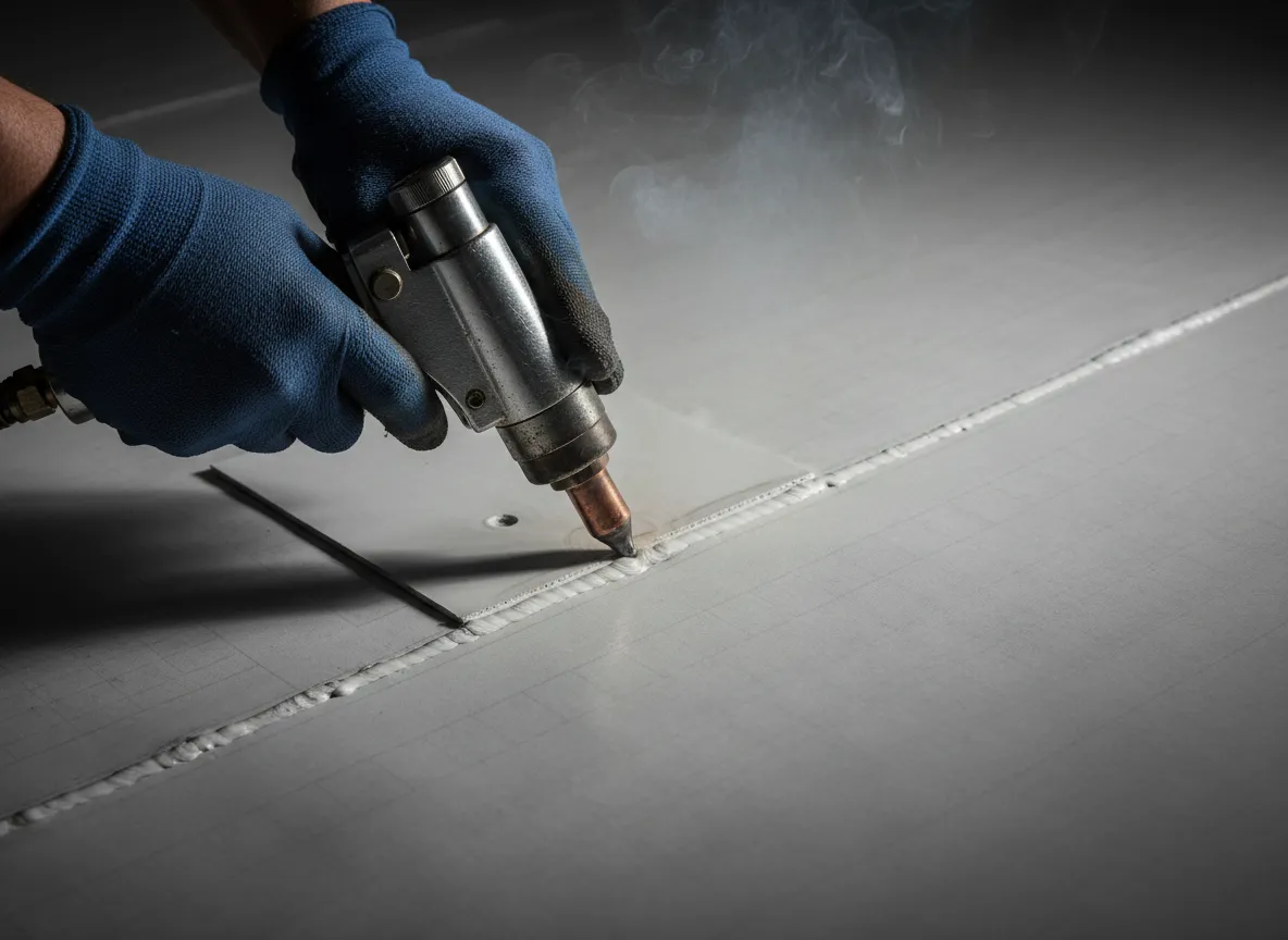 Close-up of TPO roof repair work being performed