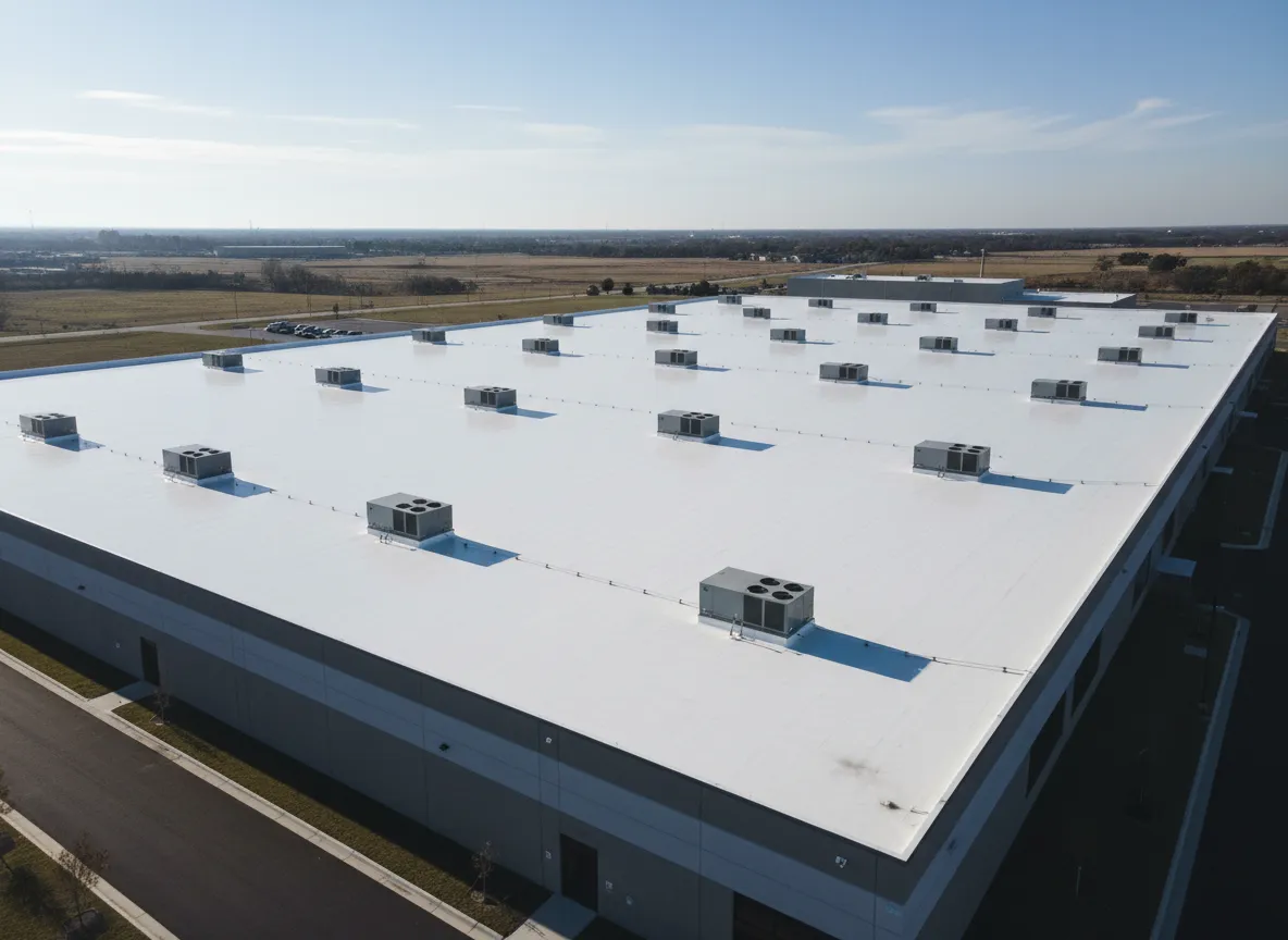 Wide shot of white TPO flat roof installation on commercial building