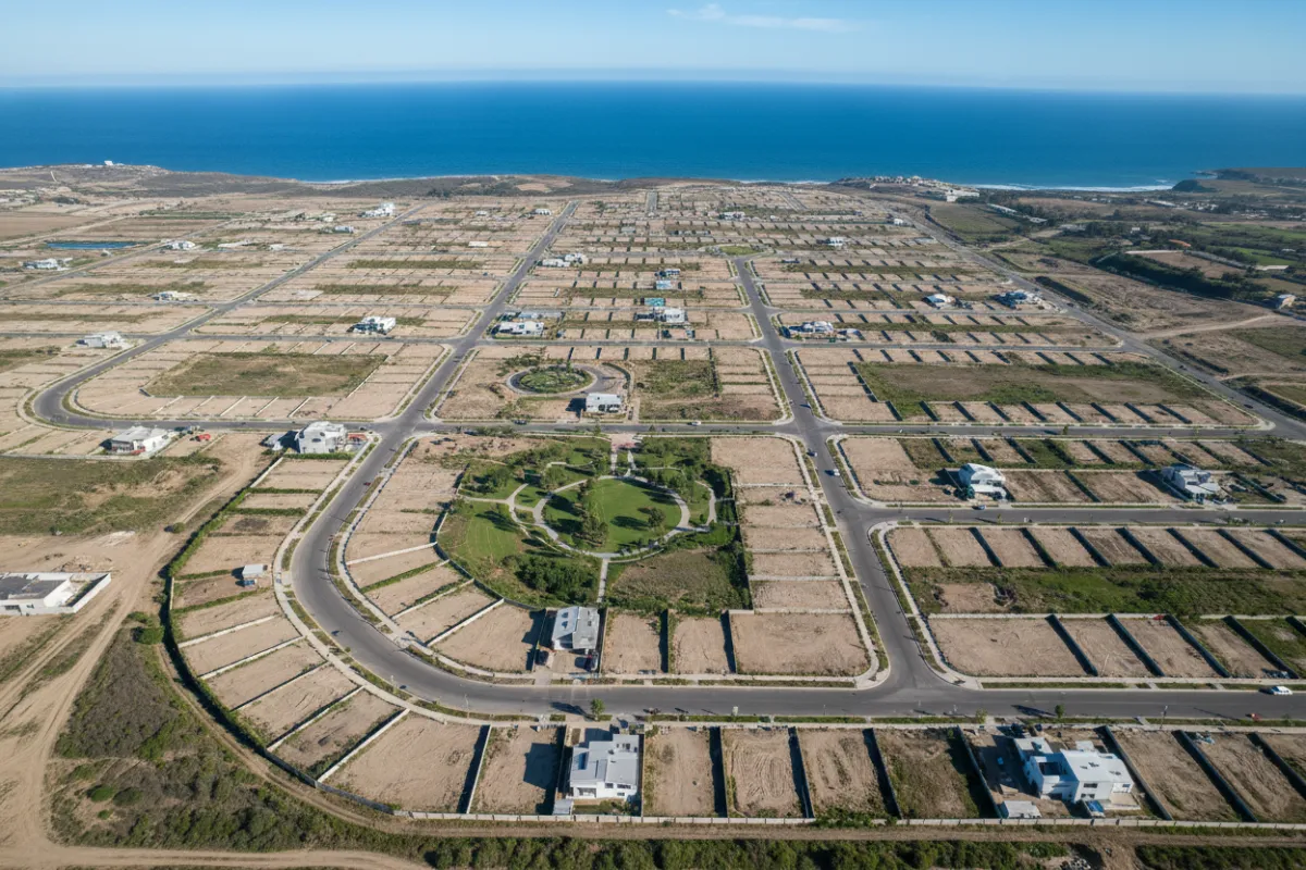 Foto aérea de lotes subdivididos cerca de La Serena mostrando un plan maestro coherente.