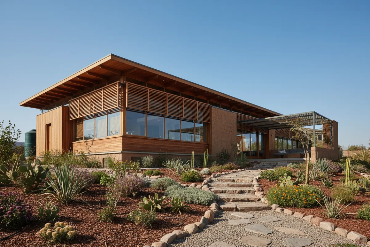 Residencia sostenible en Vicuña con diseño pasivo, sombreados solares y vegetación nativa.