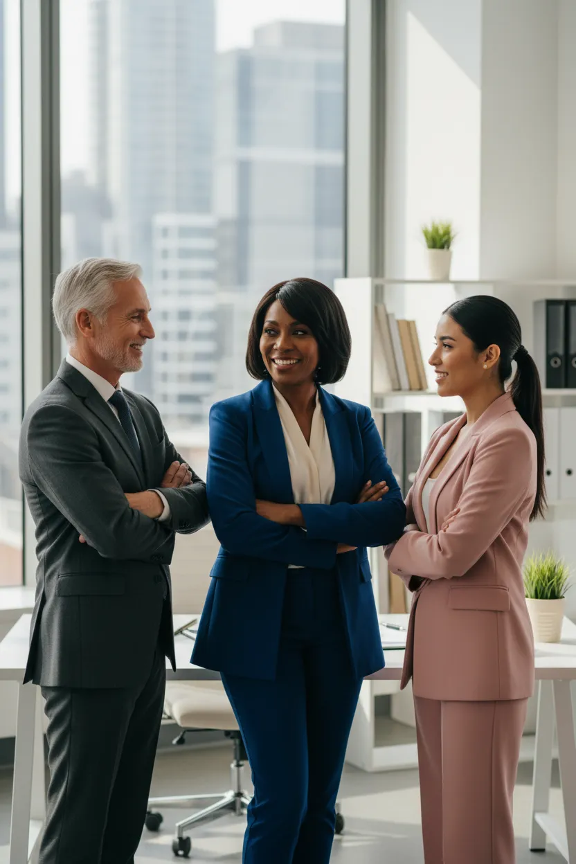 Three surplus fund experts, diverse ages and backgrounds, standing together in a bright office
