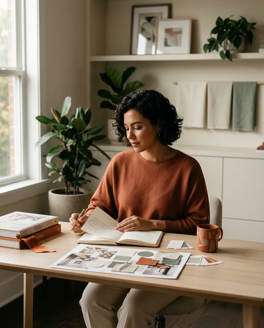 Thoughtful woman entrepreneur reviewing brand strategy notes in an editorial workspace