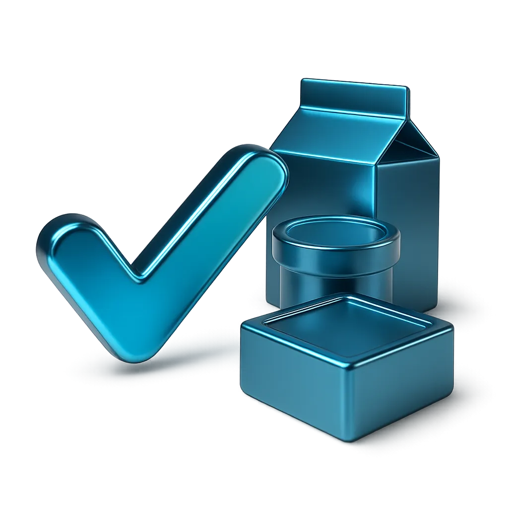 A highly polished, modern 3D checkmark icon in metallic blue and cyan tones, floating alongside abstract geometric industrial packaging shapes.