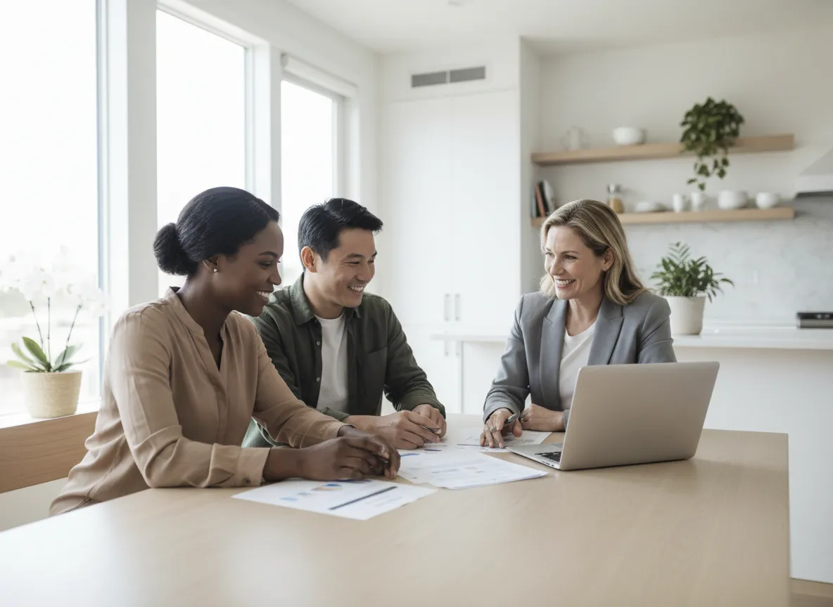 Mortgage broker explaining home buying options to a couple