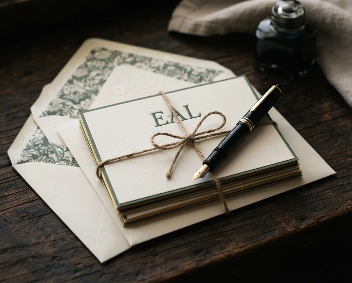 Personal monogrammed note cards with hand-lined tissue envelopes and fountain pen