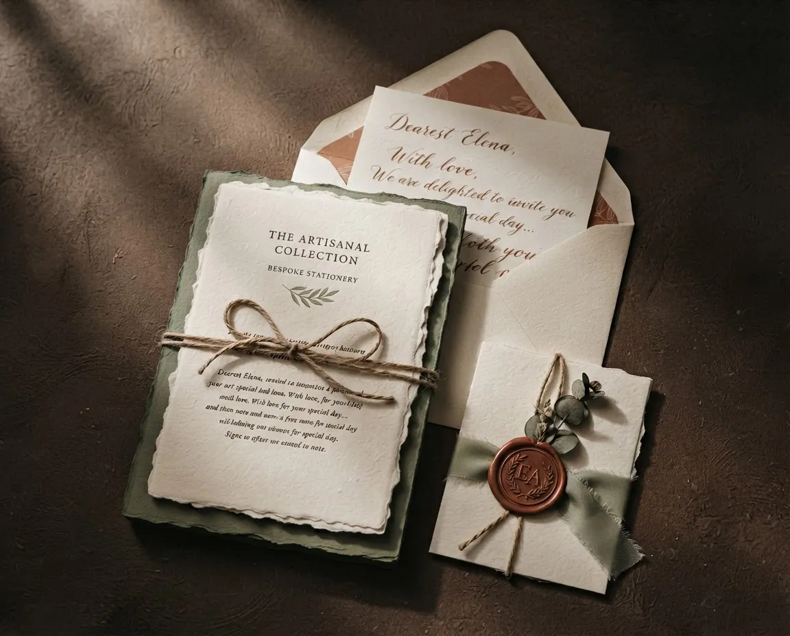 Artisanal personalised stationery set featuring handwritten calligraphy, hand-poured wax seals, and textured cotton letterpress paper arranged on a calm studio surface