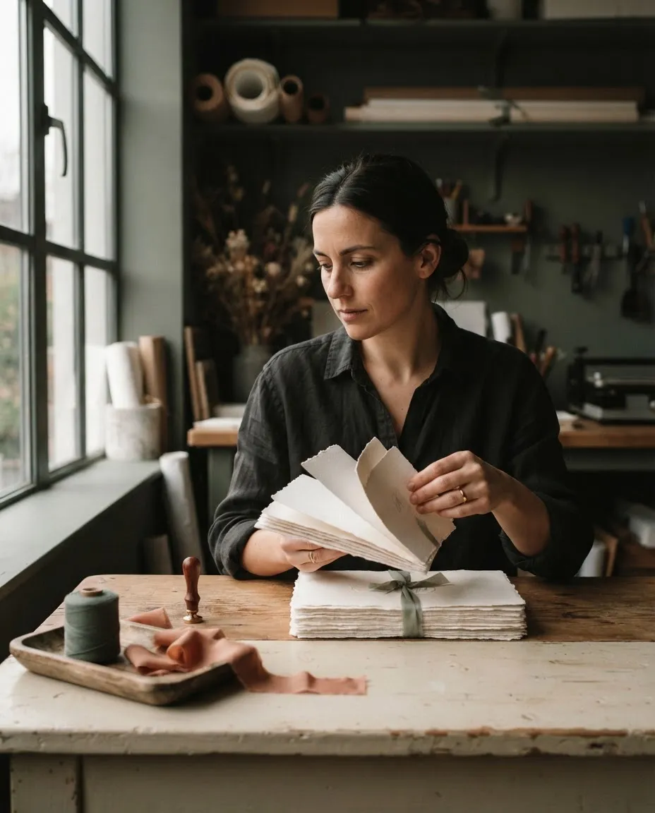 Artisan paper craftsman carefully inspecting fine stationery sheets in the White Mill atelier