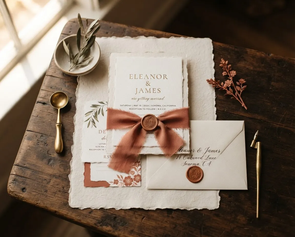 Editorial wedding invitation suite laid on heavy handmade paper with wax seal and silk ribbon