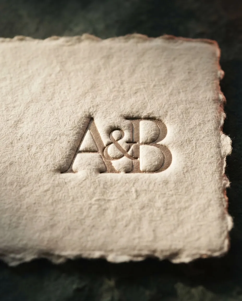 Macro close-up of textured deckle-edge cotton paper with subtle hot-foil monogram stamping