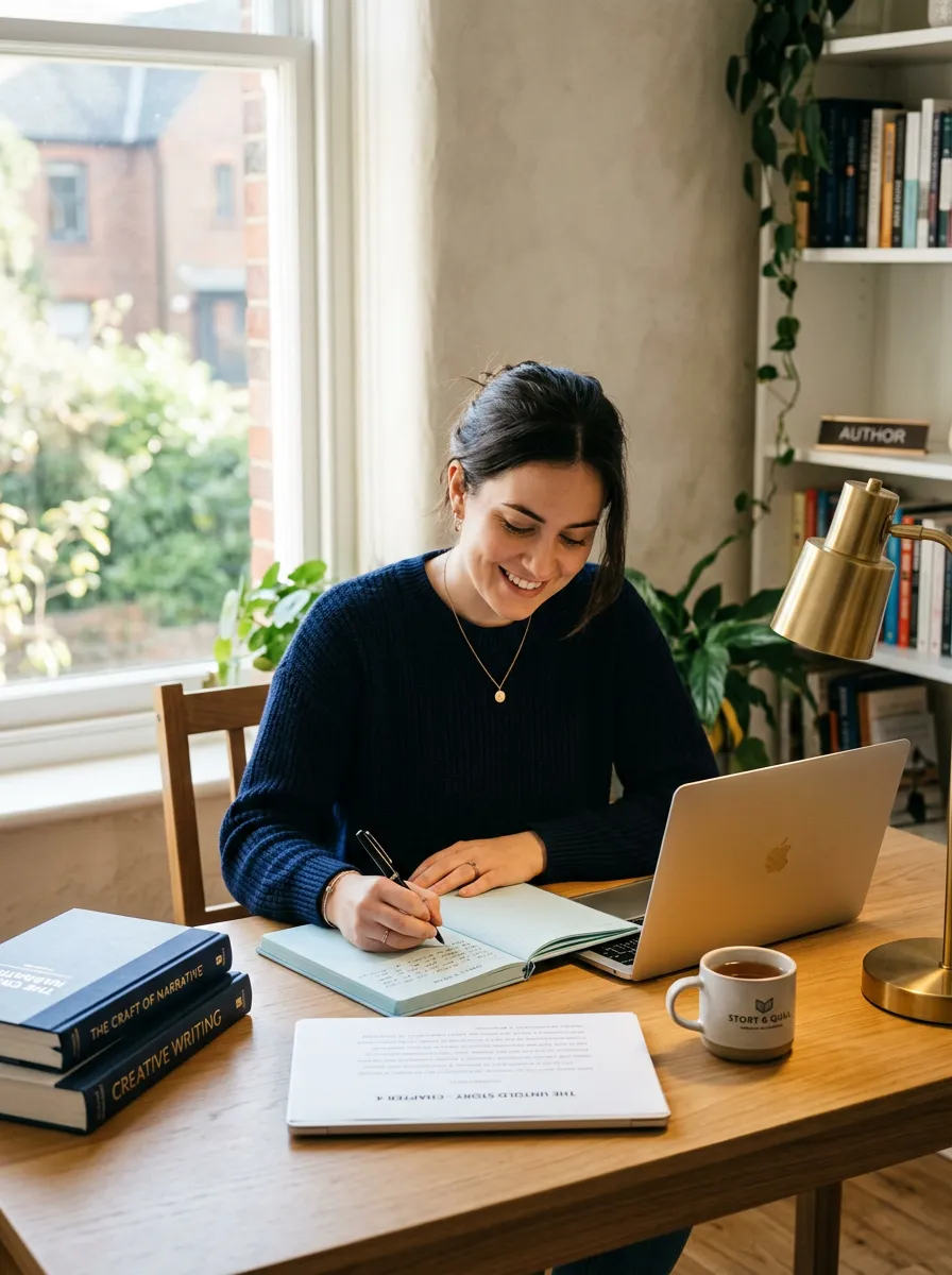 An inspiring author drafting a manuscript at a naturally lit wooden desk with coffee and reference books