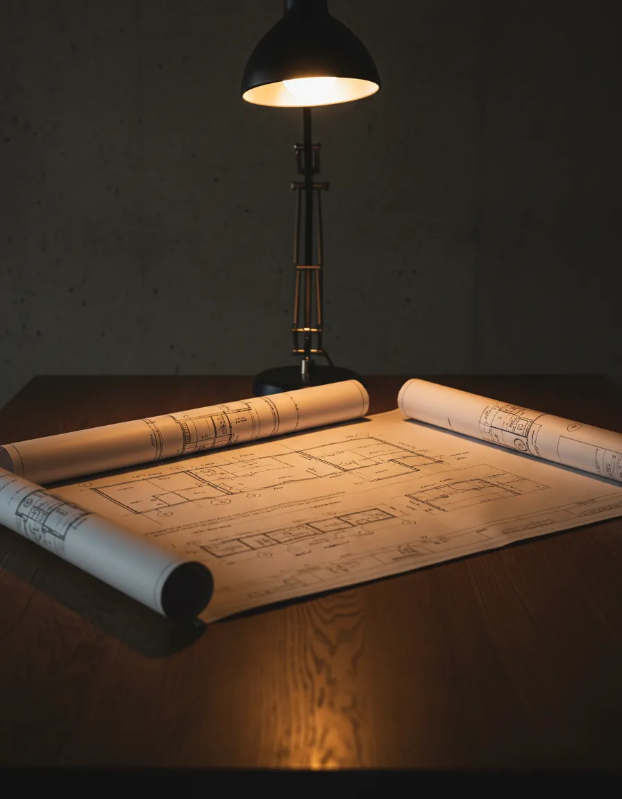 Warmly lit architectural design studio blueprints