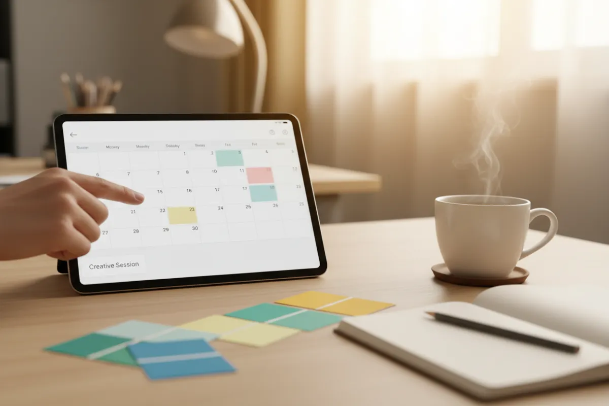A close-up of a digital calendar on a tablet, with a hand selecting a date for a creative session. The workspace includes a coffee cup, notepad, and color swatches, suggesting a design-oriented environment. Warm, inviting lighting enhances the scene.