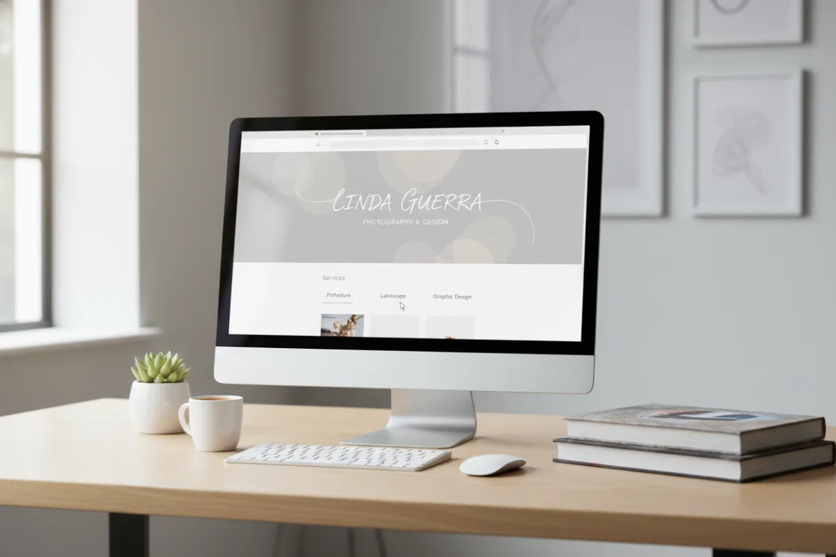 A desktop computer displaying the Linda Guerra Photography and Design homepage, with a user browsing service details. The workspace includes a potted plant and art books, creating a creative, welcoming atmosphere. The lighting is soft and natural.