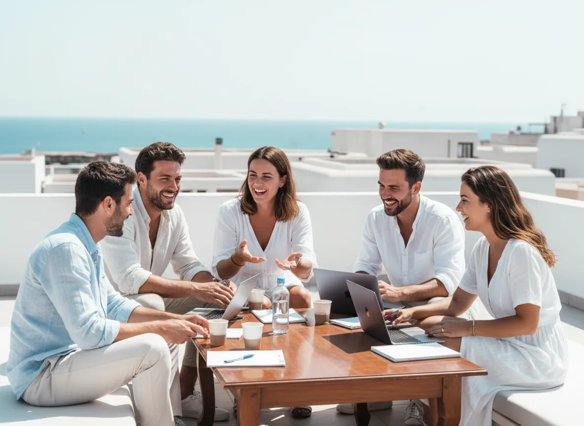 Young adults studying TEFL on a sunny terrace in Ibiza with sea view