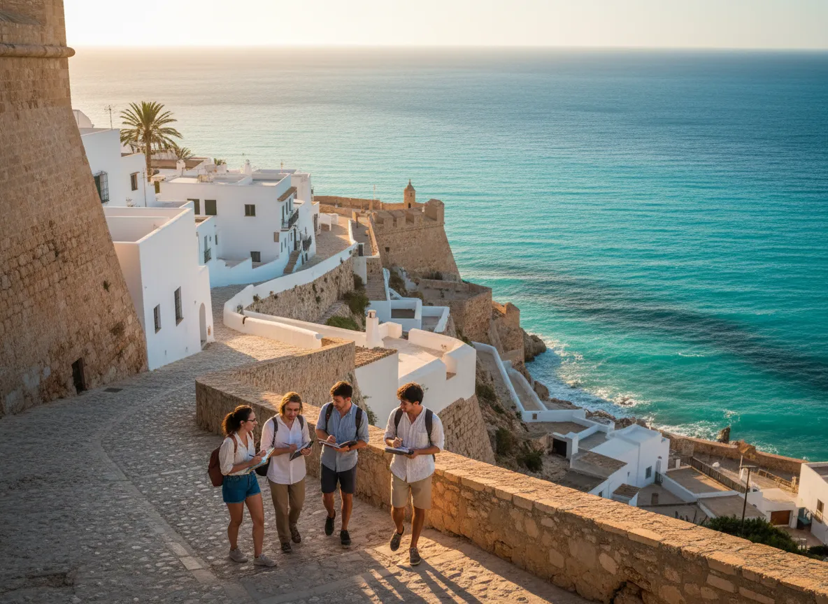 View over Ibiza old town and sea with students walking with notebooks