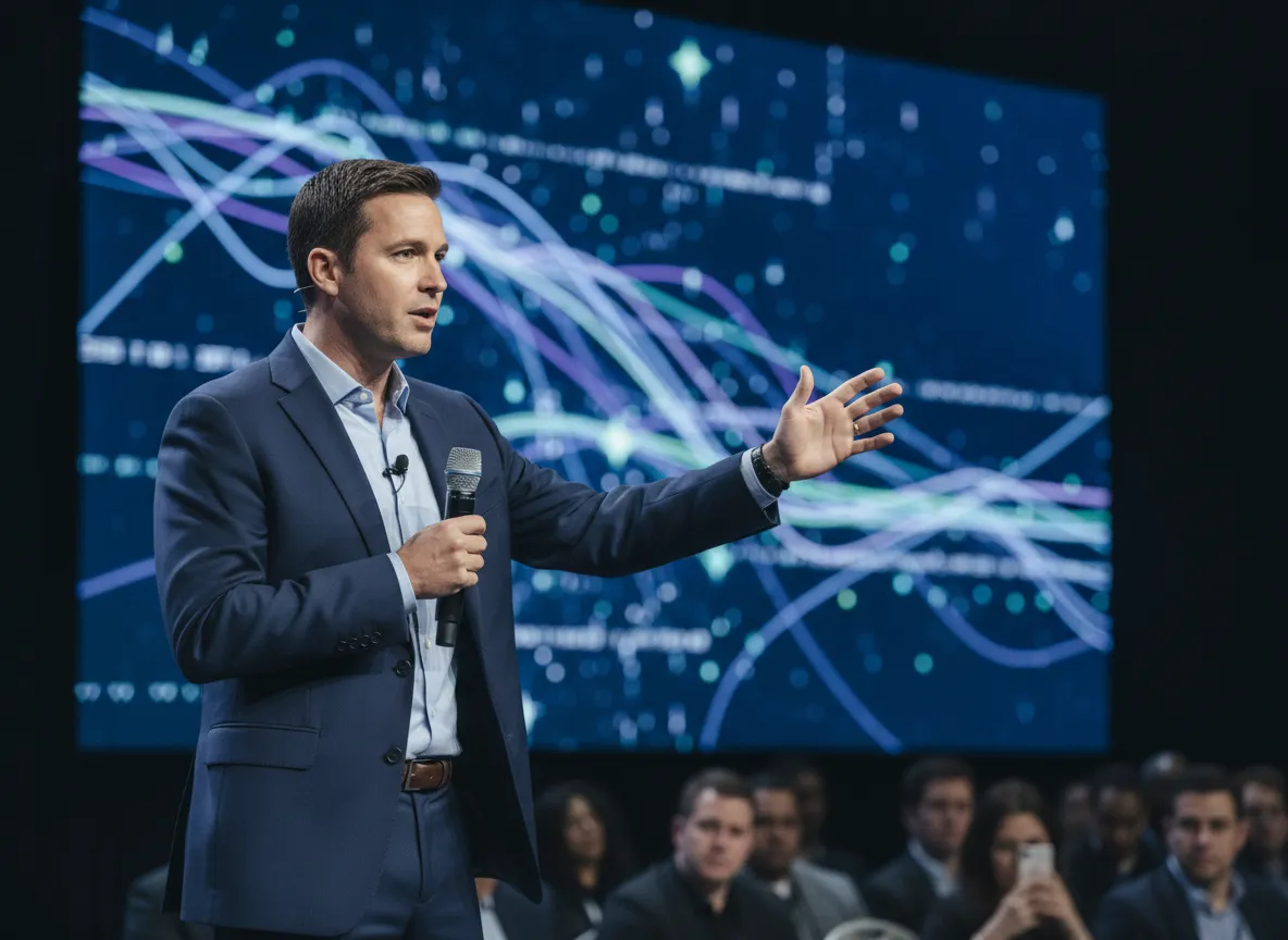 Sean Hyde speaking on stage at a business conference about AI