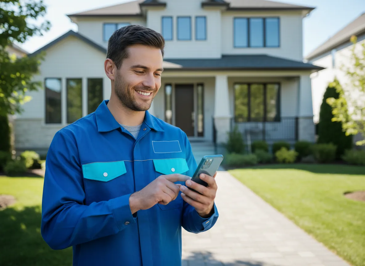 A relaxed service professional checking a mobile phone and sending a digital invoice on-site